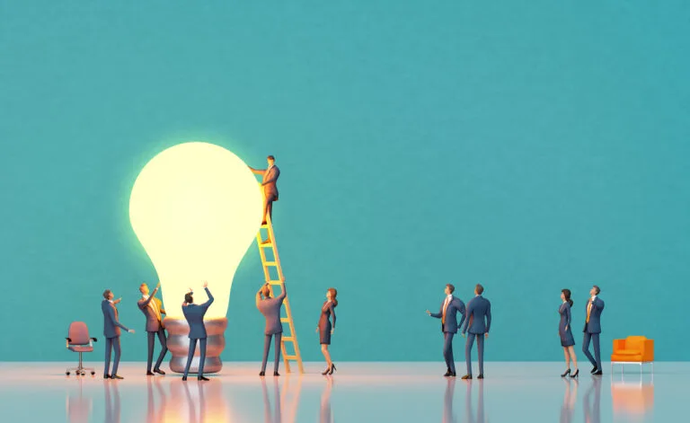 Team of experiences professional people are working around big light bulb. new idea, think out of box concept 3d rendering
